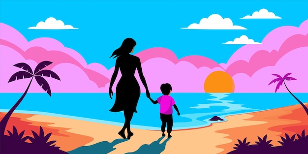 a painting of a mother and child on a beach with mountains in the background