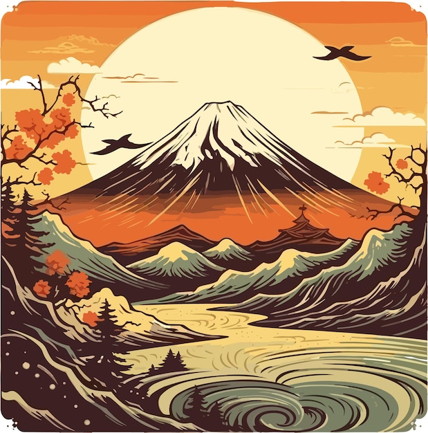 painting of mount fuji at sunset