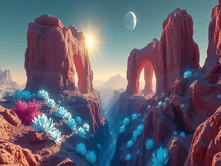Vector a painting of a mountain landscape with a bridge and blue flowers