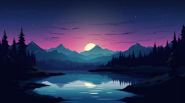 Vettore un dipinto di un paesaggio di montagna con una luna piena nel cielo