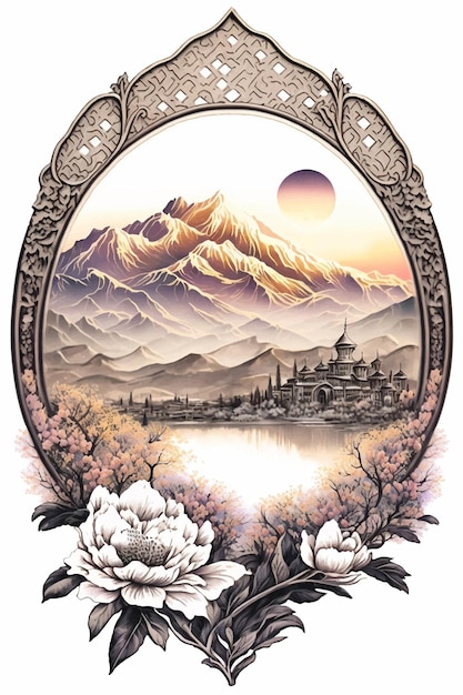 A painting of a mountain landscape with a mountain in the background.