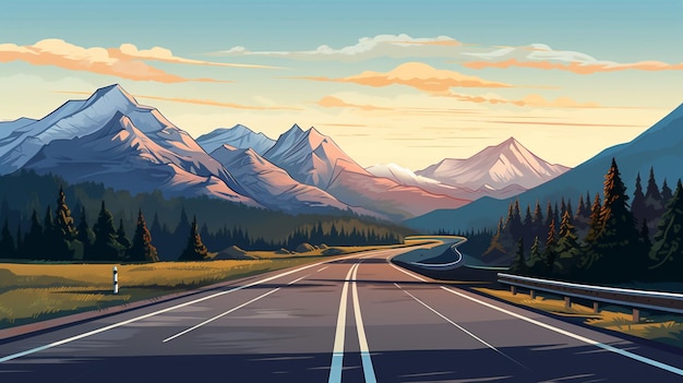 Vector a painting of a mountain range with a road in the background