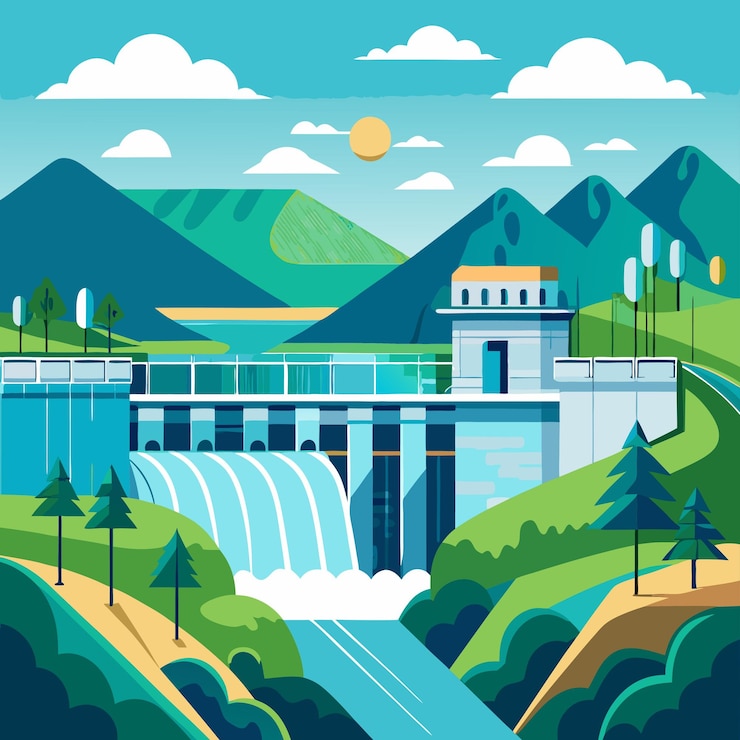 Vector a painting of a mountain with a river and mountains in the background