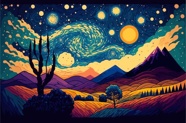 Картина ночного пейзажа с горами, деревьями, луной и звездами.