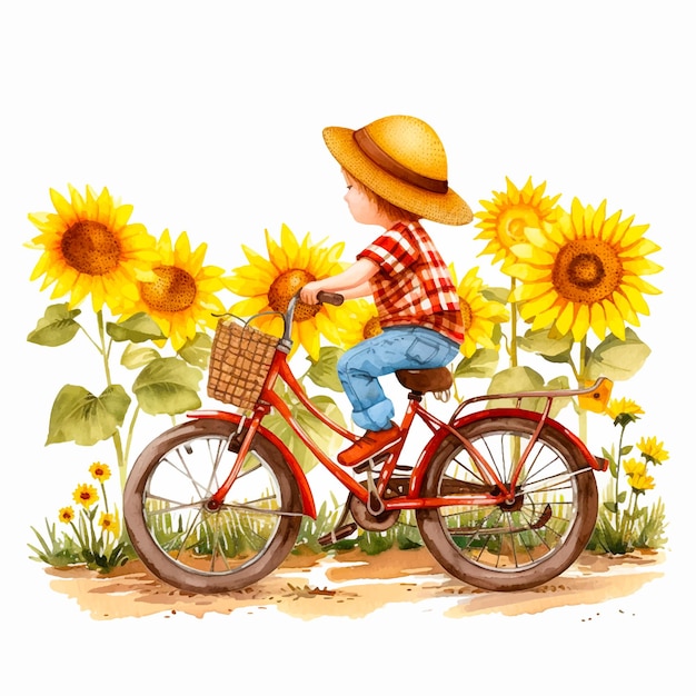 Вектор Картина маленького мальчика, едущего на велосипеде по парку подсолнечника