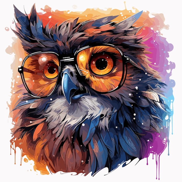 Painting of owl wearing glasses with paint splatters on it