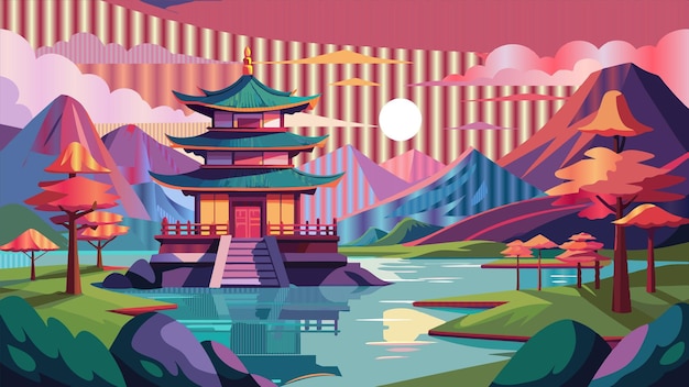 a painting of a pagoda with a mountain landscape in the background