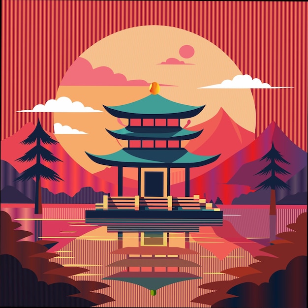 a painting of a pagoda with a red sky and mountains in the background