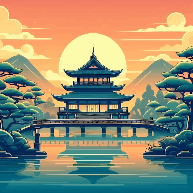 Vector a painting of a pagoda with a sunset in the background