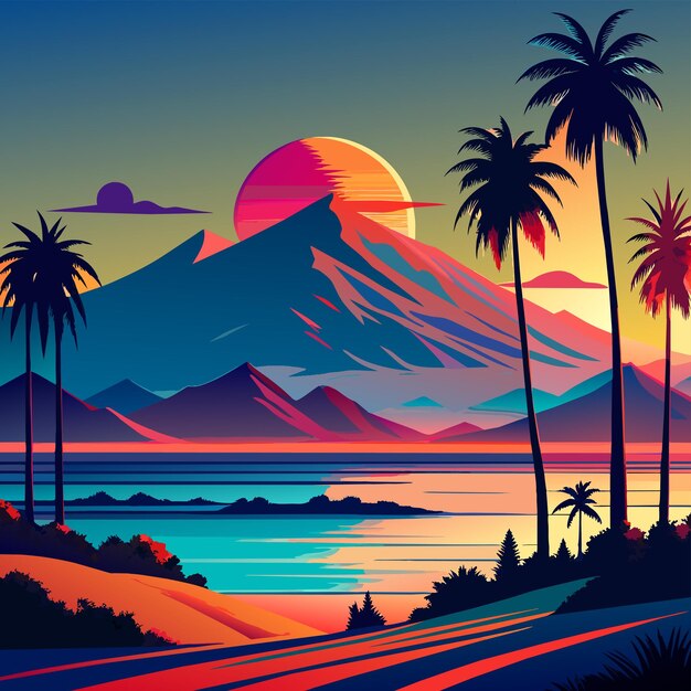 Vector a painting of palm trees and mountains with a sunset in the background