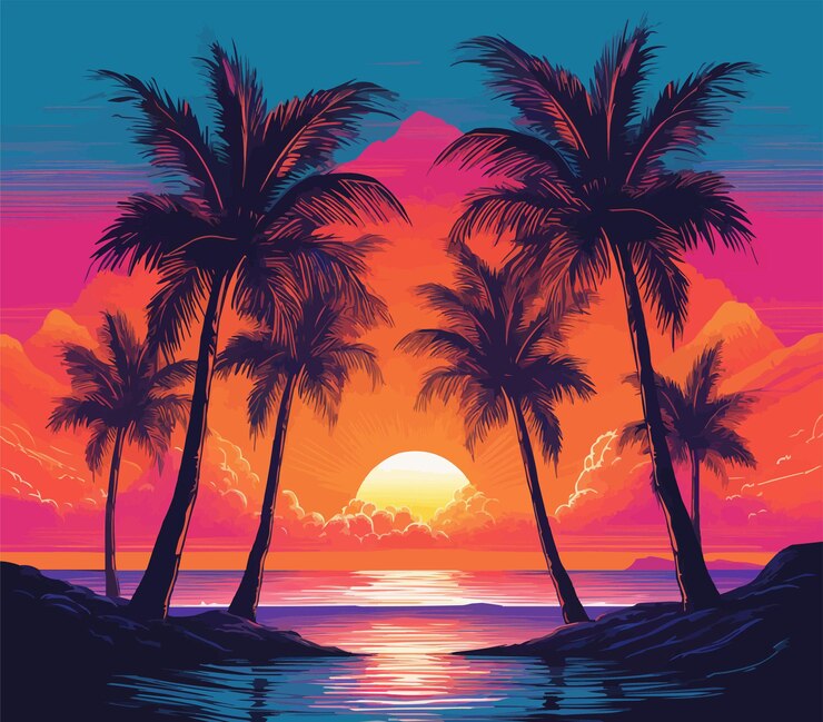 Vector a painting of palm trees with a sunset in the background
