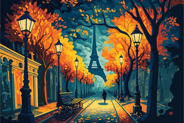 Vector a painting of a paris street in autumn with a man walking under the trees and lanterns