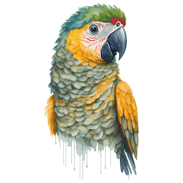 A painting of a parrot with a yellow head and red feathers.