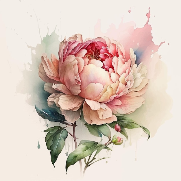 A painting of a peony with a green leaf