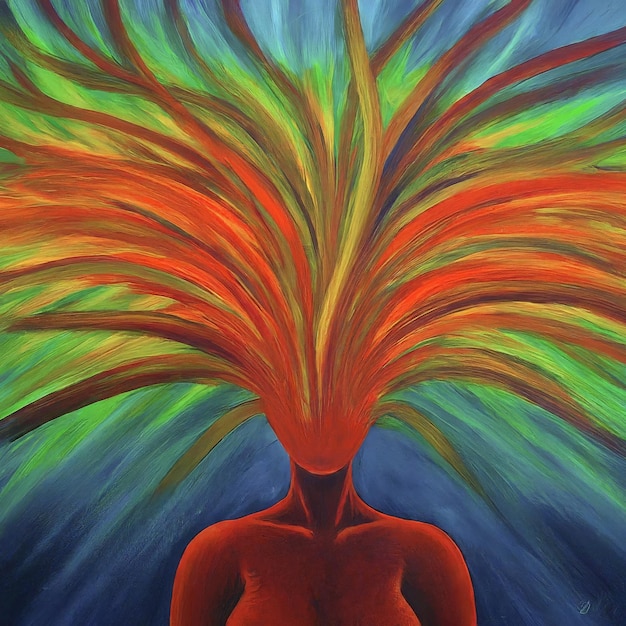 Un dipinto di una persona con i capelli colorati che ha la parola no su di esso