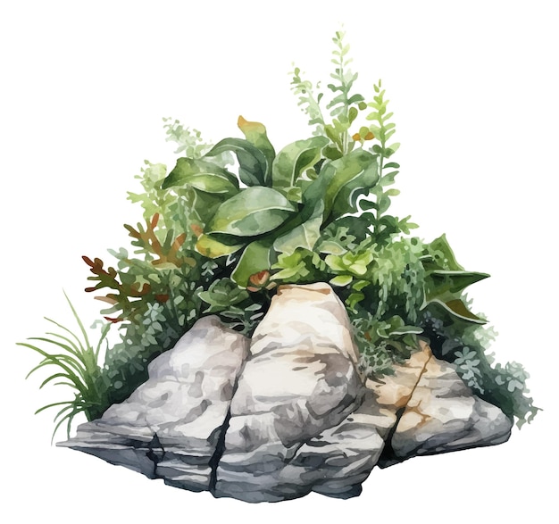 Vector a painting of plants on a rock with a white background