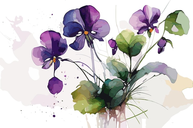 Vettore un dipinto di fiori viola con foglie verdi e la parola viole del pensiero sopra.