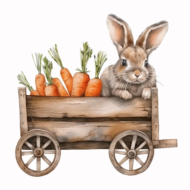 당근 이 있는 나무 마차 에 있는 토끼 의 그림
