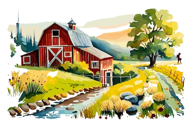 A painting of a red barn in a field with a stream in the foreground.