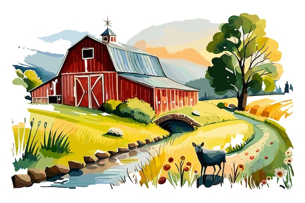 A painting of a red barn and a stream.