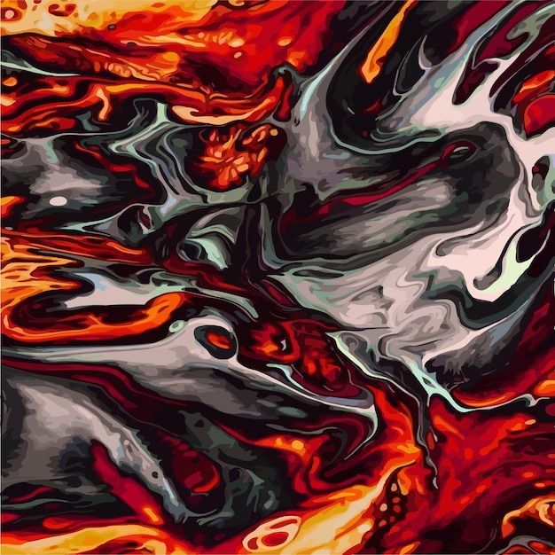 A painting of a red and black marble background with a white and orange swirls.