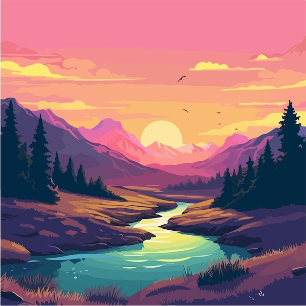 Vector a painting of a river in a mountain landscape with a sunset in the background.