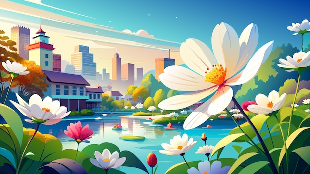 Vettore dipinto di un fiume con fiori in primo piano e una città in secondo piano