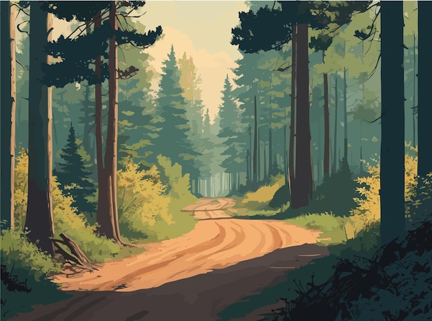 Vector a painting of a road running through a forest flanked by rocks and trees landscape forest