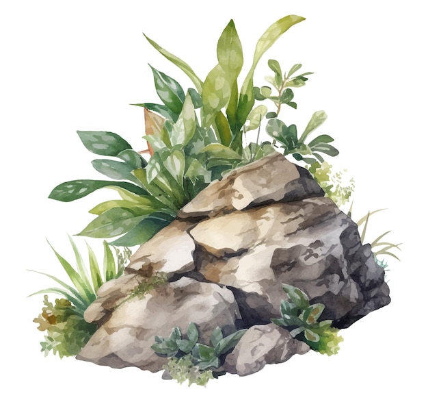 A painting of a rock with plants on it