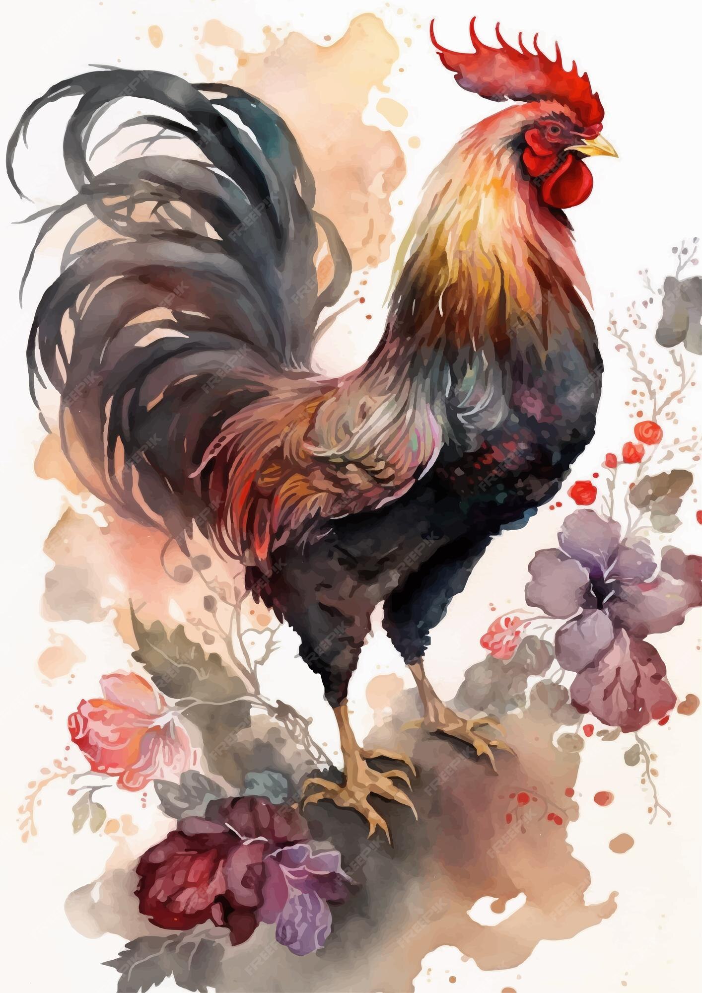 Premium Vector | A painting of a rooster with flowers and the words