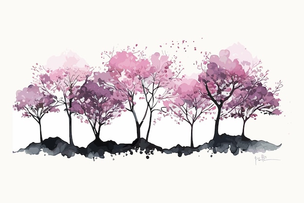 A painting of a row of trees with pink flowers.