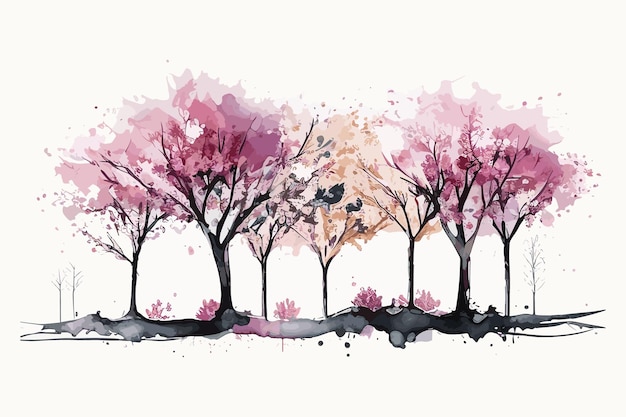 A painting of a row of trees with pink and yellow leaves.