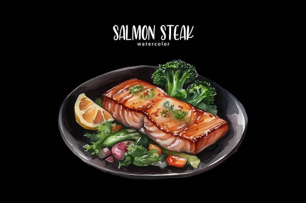 Vector a painting of a salmon steak with broccoli and vegetables