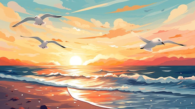 Vector a painting of seagulls flying over a sunset with a sunset in the background