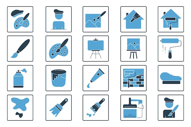 Painting set icon Contains icons paint brush canvas painter paint tubes etc Solid icon style Simple vector design editable