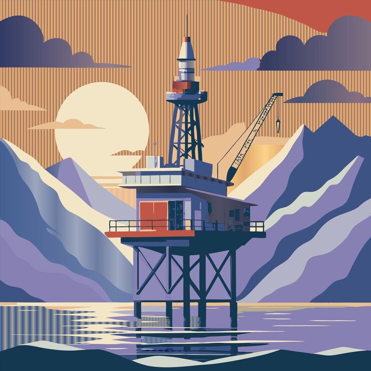 Vector a painting of a ship in the water with mountains in the background
