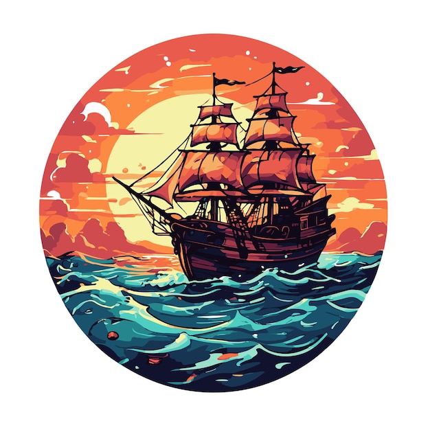 A painting of a ship with a sunset in the background for t shirts design