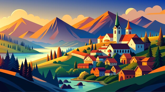 Vector a painting of a small town on a mountain