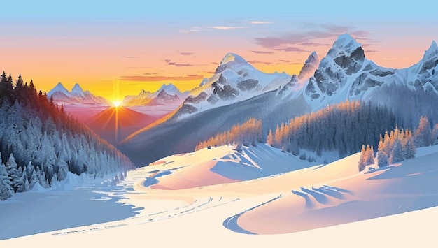 A painting of a snowy mountain range with the sun setting behind it.