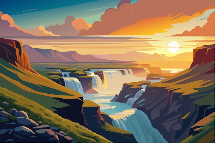 Vector a painting of a sunset over a river with a sunset in the background