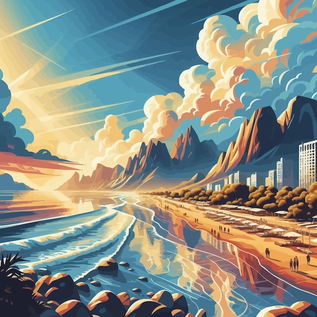 Vector a painting of a sunset with a beach scene and mountains in the background