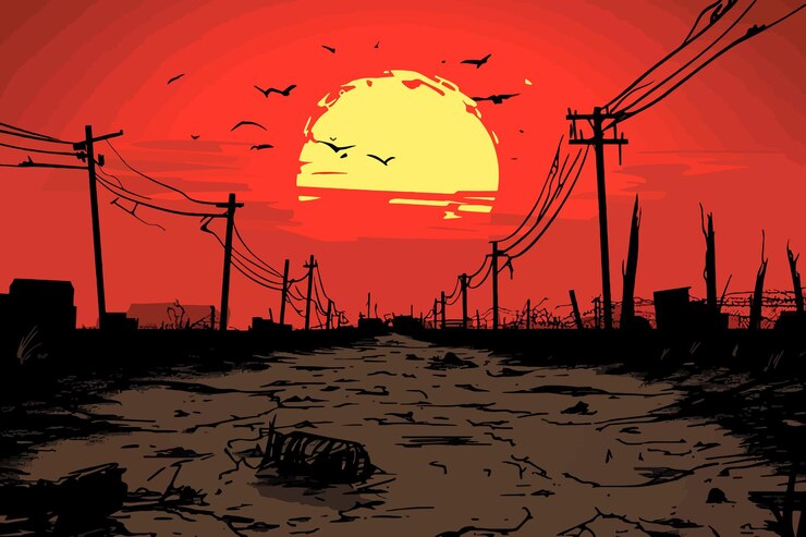 Vector a painting of a sunset with birds flying around and a power line in the background