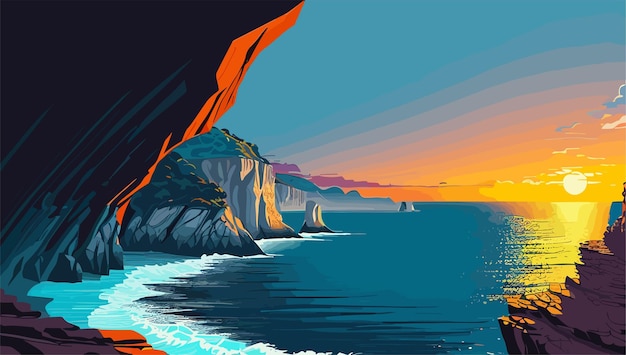 A painting of a sunset with a cliff in the background