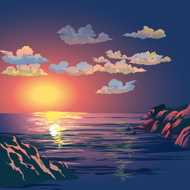구름과 절벽을 배경으로 한 일몰의 그림