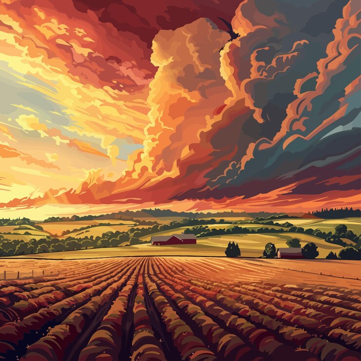 Vector a painting of a sunset with a field and a farm in the background