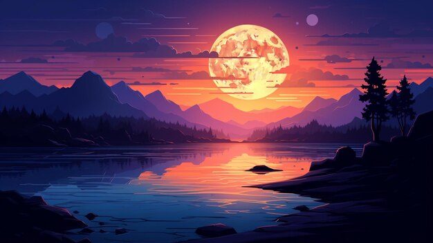 Vector a painting of a sunset with a full moon in the sky