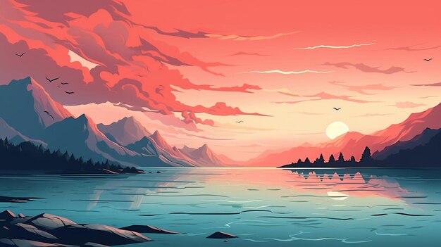 Vector a painting of a sunset with mountains and a lake