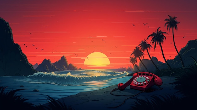 Vector a painting of a sunset with a phone on the beach