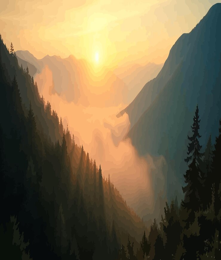 Vector a painting of a sunset with trees and mountains in the background