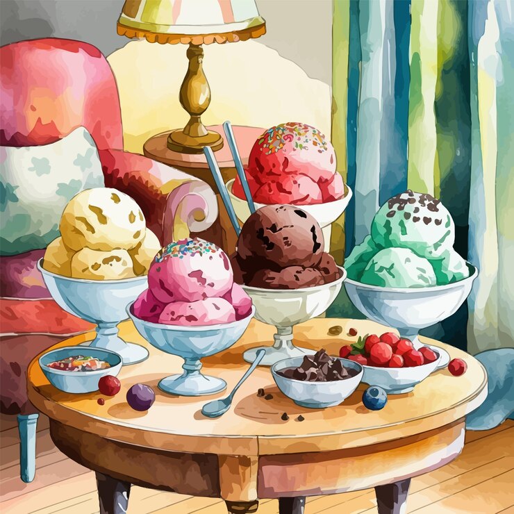Vector a painting of a table with different kinds of ice creams on it